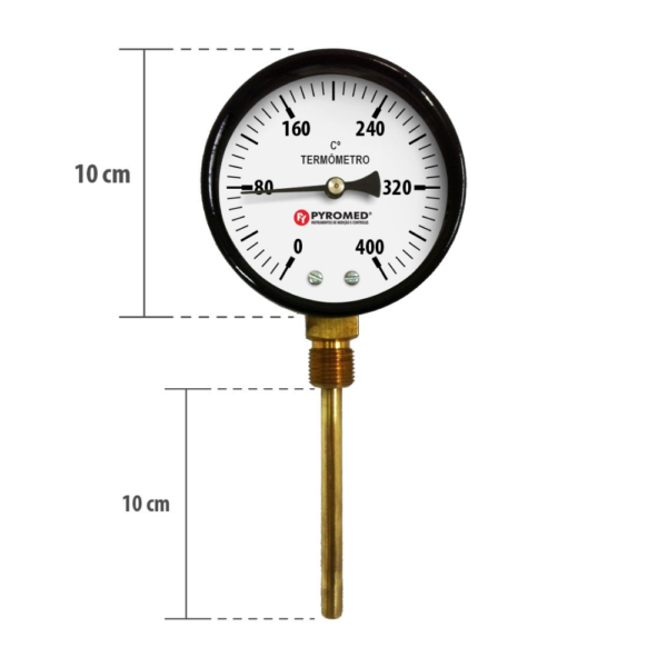 Termômetro Bimetálico Reto 0°C +400°C/Haste 100mm | PYROMED