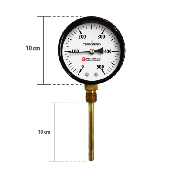 Termômetro Bimetálico Reto 0°C +500°C/Haste 100mm | PYROMED